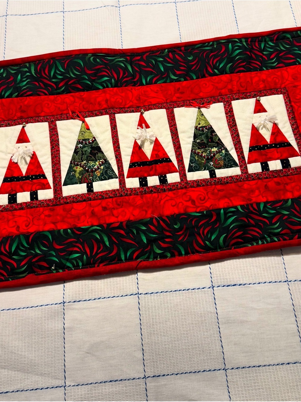 New Christmas Handmade Embellished Quilt Wall Hanging Runner Santa Trees OOAK